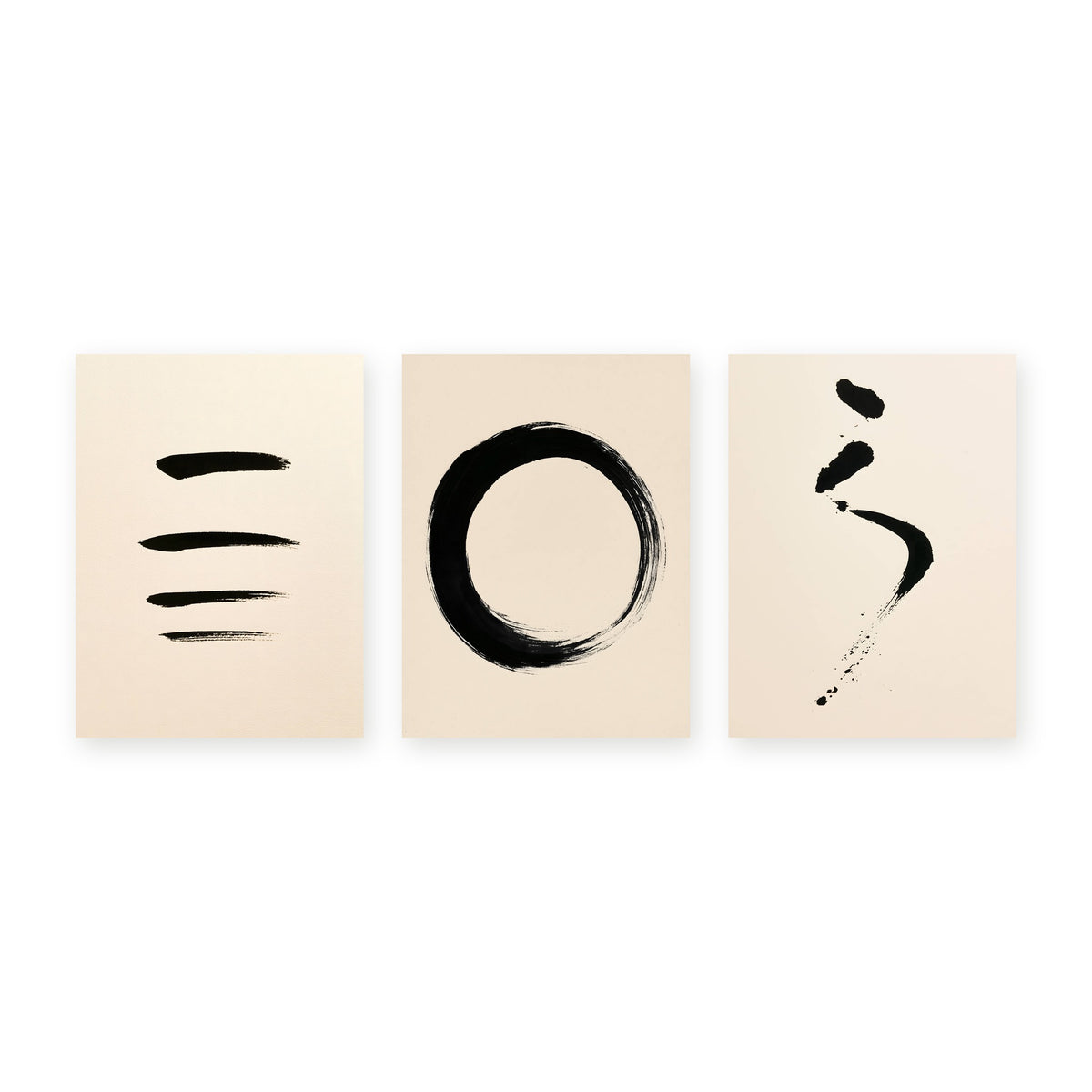 Set of three abstract ink prints — Strokes No. 2, Enso No. 1 and Falling Ink No. 2 — shown side by side