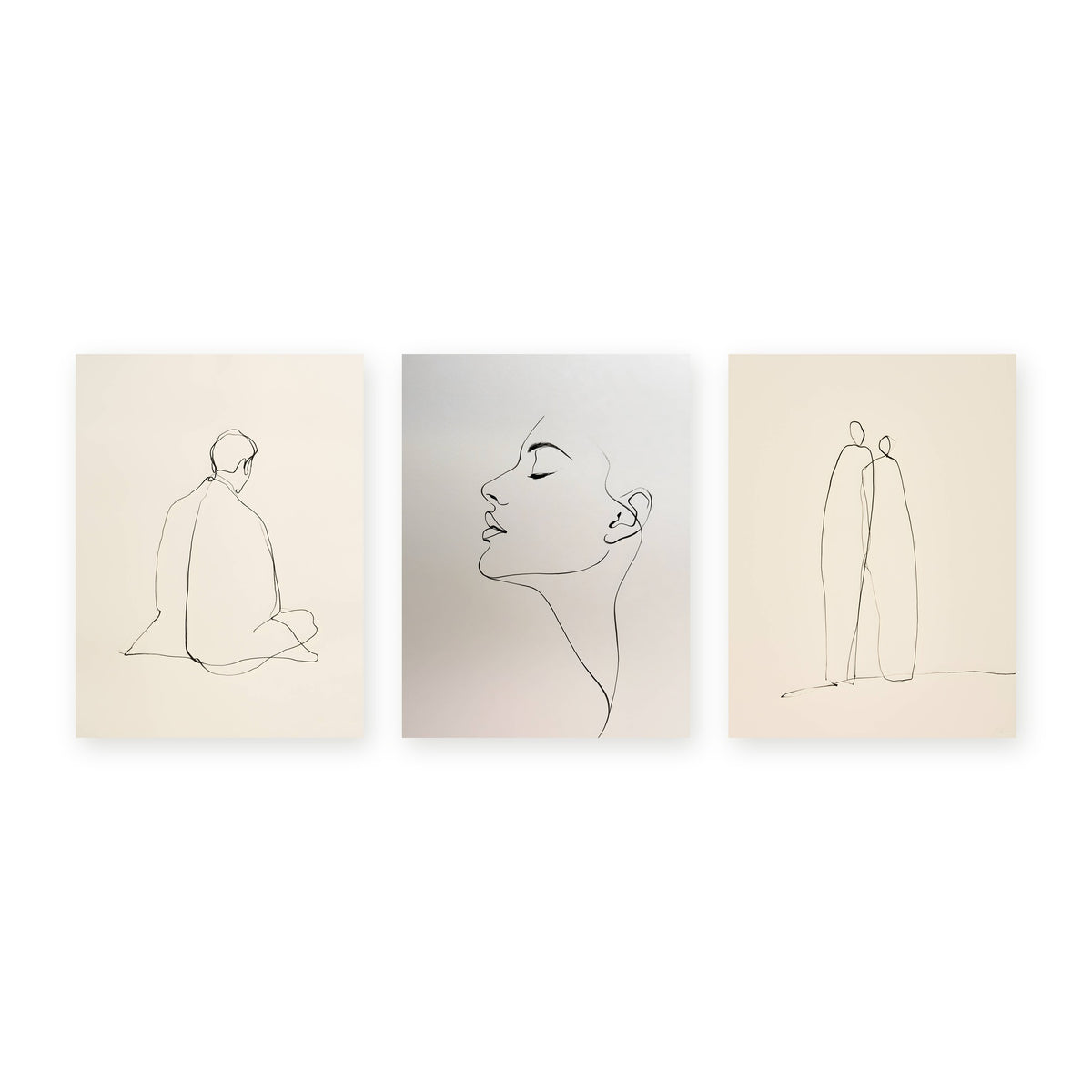 Set of three minimalist one-line ink drawings — Mindfulness No. 1, Serenity No. 1 and Togetherness No. 1 — shown side by side