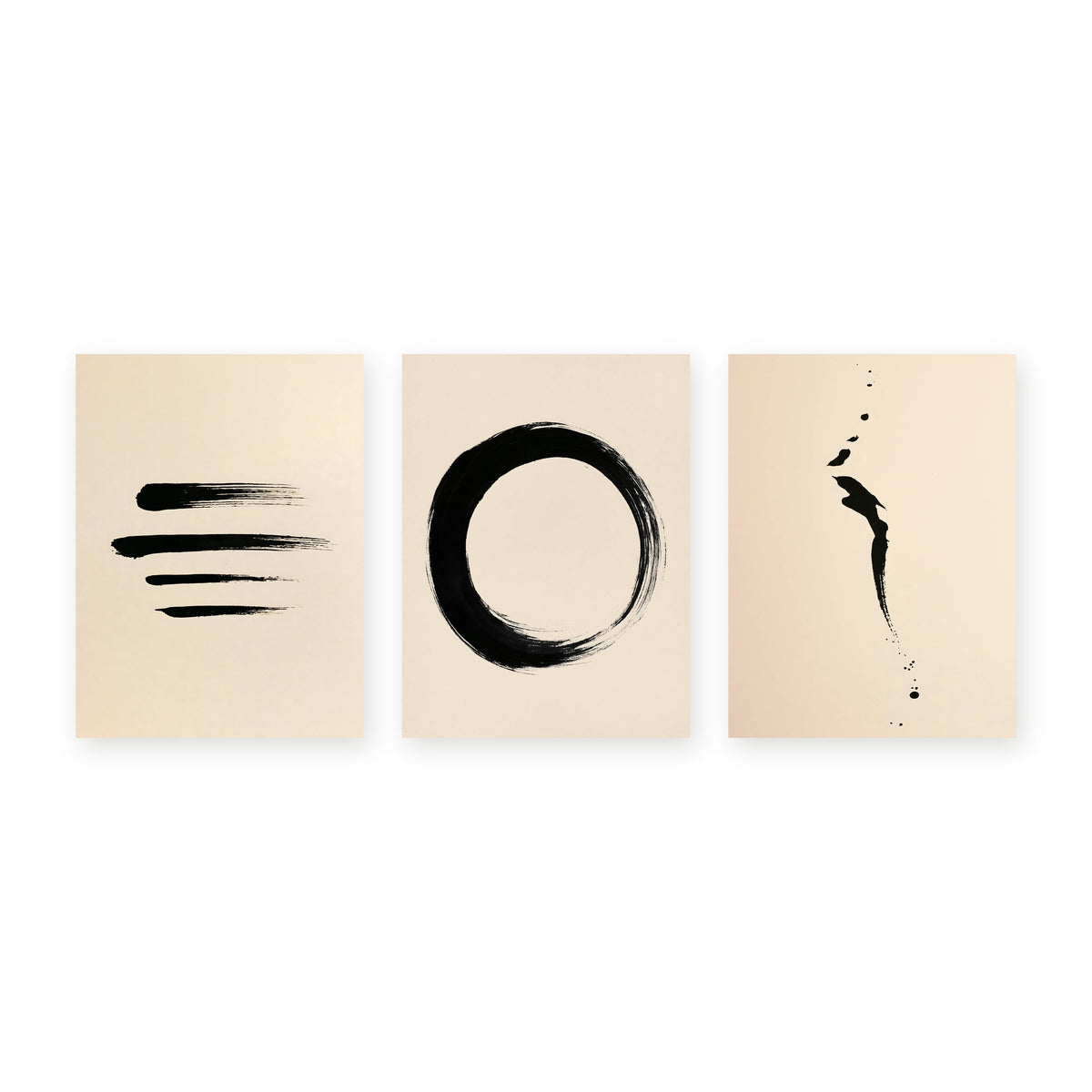 Set of three abstract ink prints — Strokes No. 1, Enso No. 1 and Falling Ink No. 1 — shown side by side