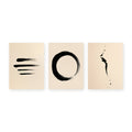 Set of three abstract ink prints — Strokes No. 1, Enso No. 1 and Falling Ink No. 1 — shown side by side