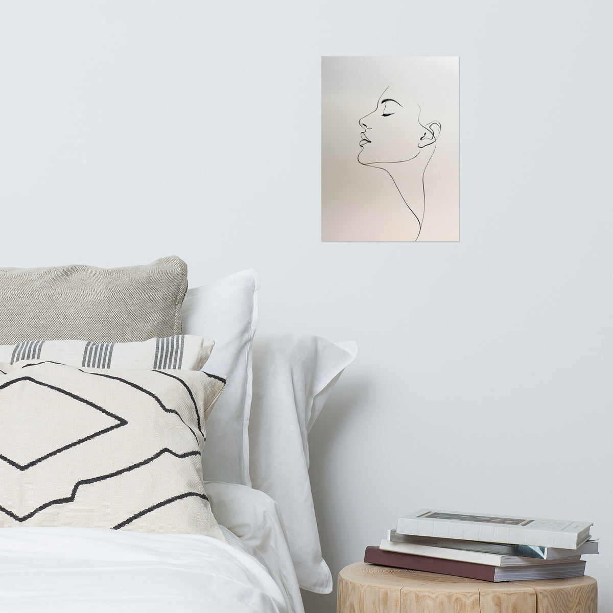 Product mockup - minimalist one-line ink drawing of a serene female profile with closed eyes on warm paper