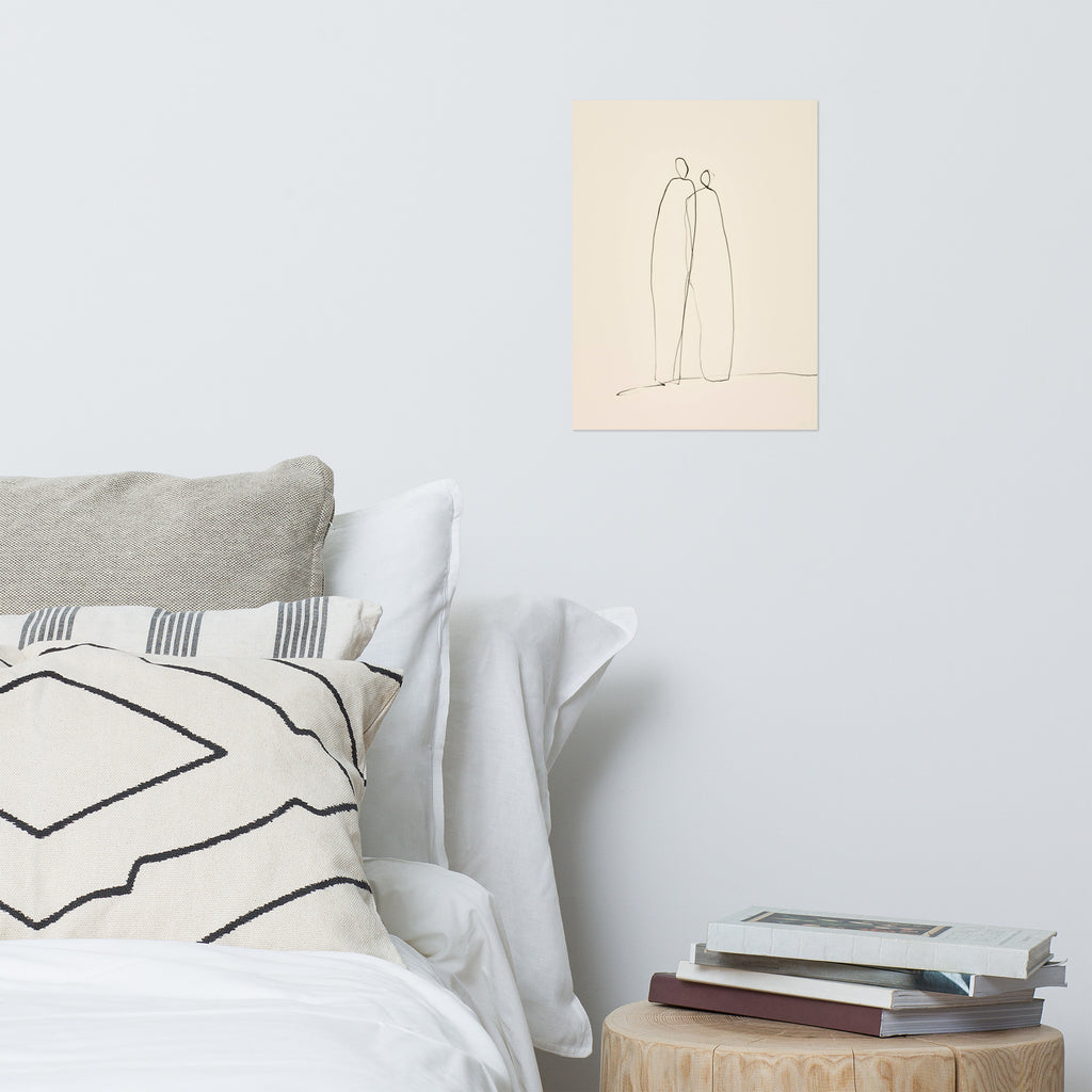 Mockup of minimalist continuous line ink drawing of two abstract figures standing together on cream paper