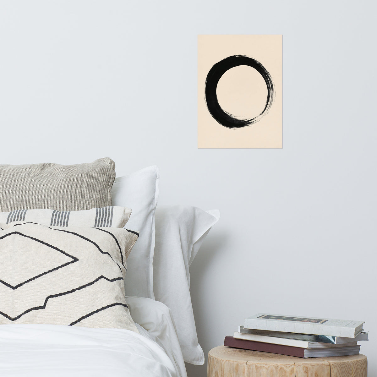 Mockup of black ink enso circle brushstroke on warm cream background