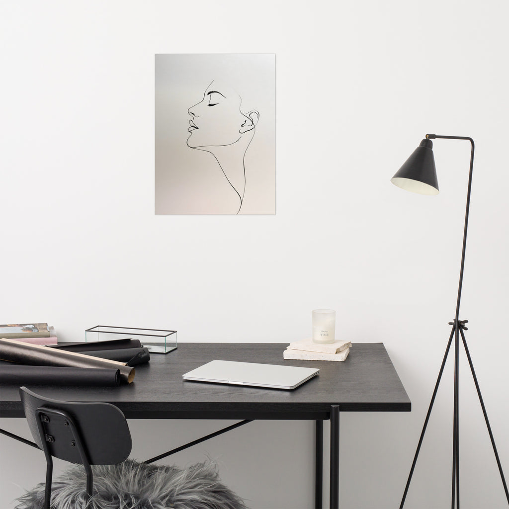 Product mockup - minimalist one-line ink drawing of a serene female profile with closed eyes on warm paper
