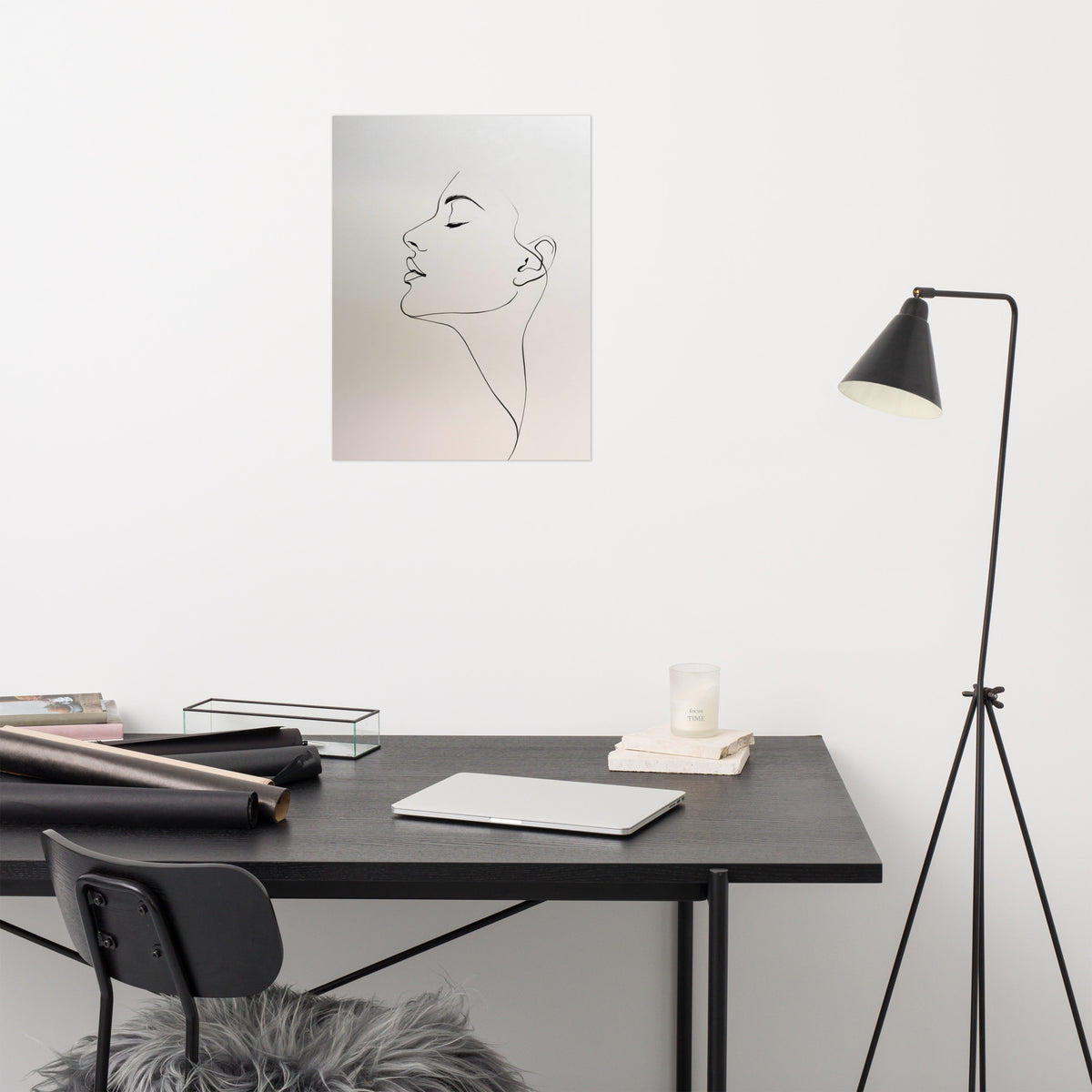 Product mockup - minimalist one-line ink drawing of a serene female profile with closed eyes on warm paper