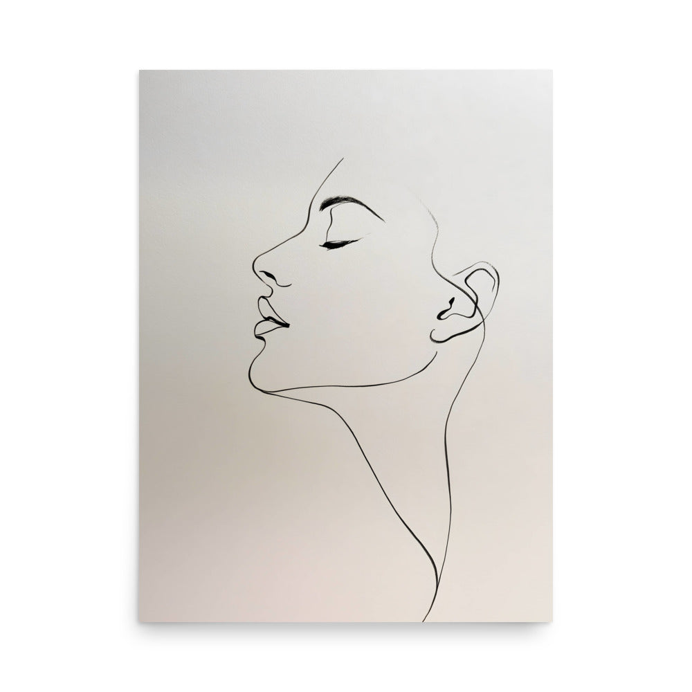 minimalist one-line ink drawing of a serene female profile with closed eyes on warm paper