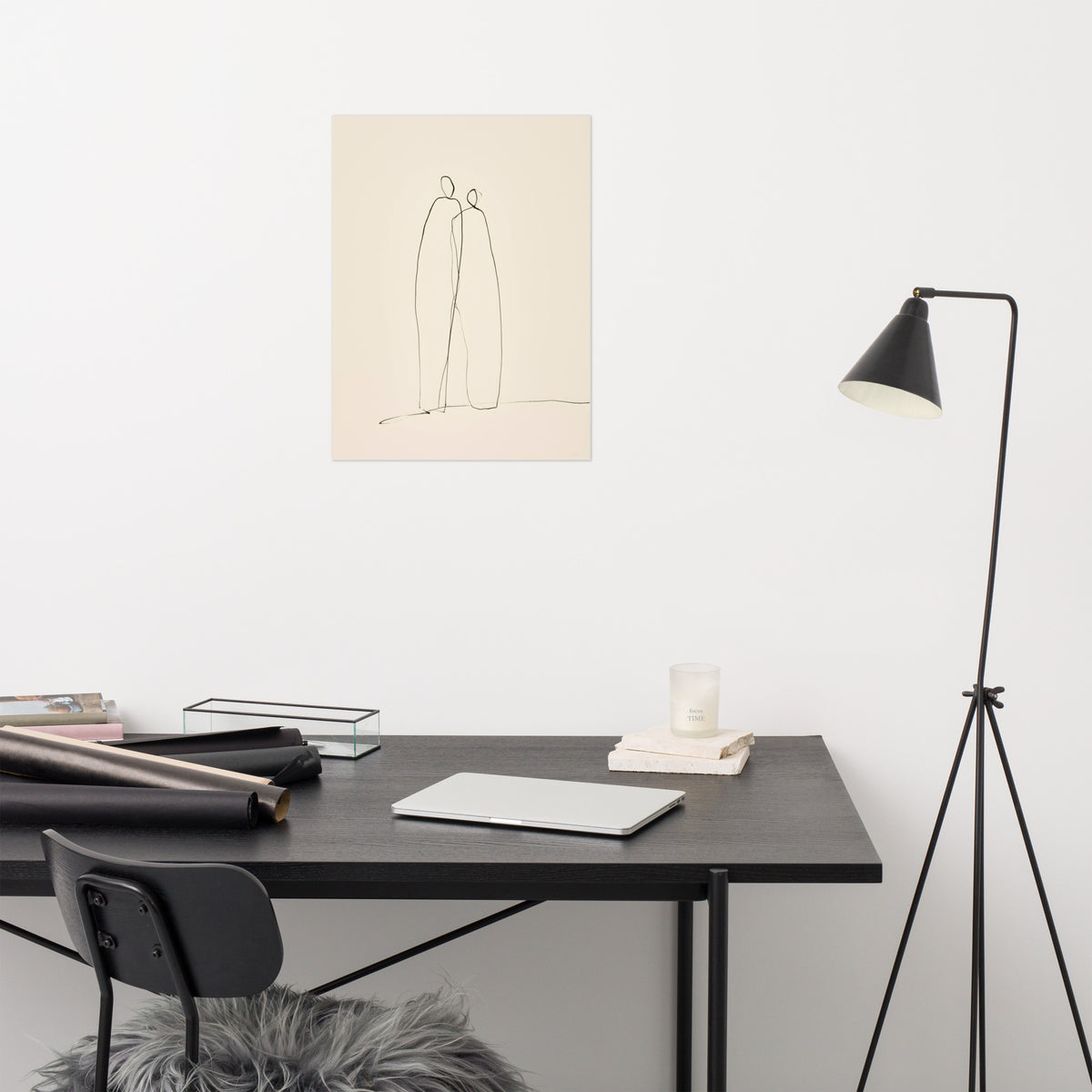 Mockup of minimalist continuous line ink drawing of two abstract figures standing together on cream paper