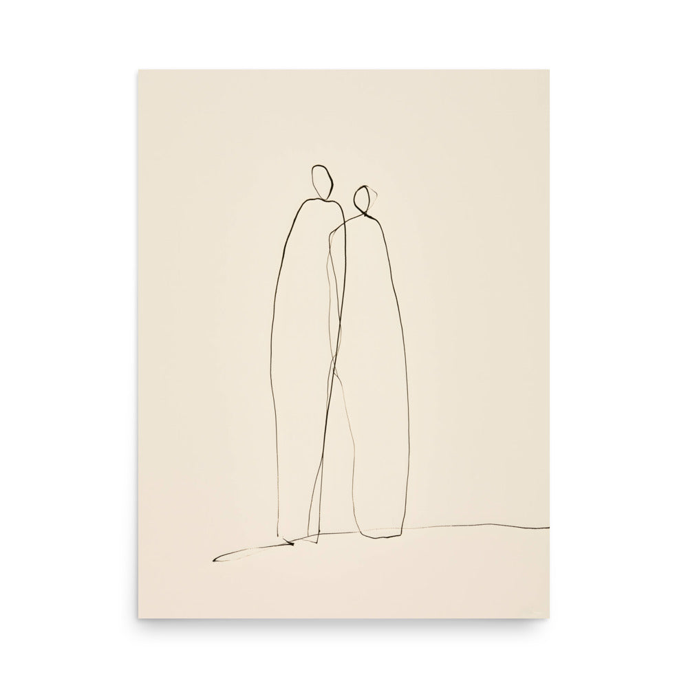 minimalist continuous line ink drawing of two abstract figures standing together on cream paper