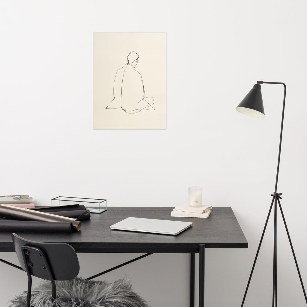 Mockup of minimalist ink line drawing of a seated robed figure viewed from behind on warm paper