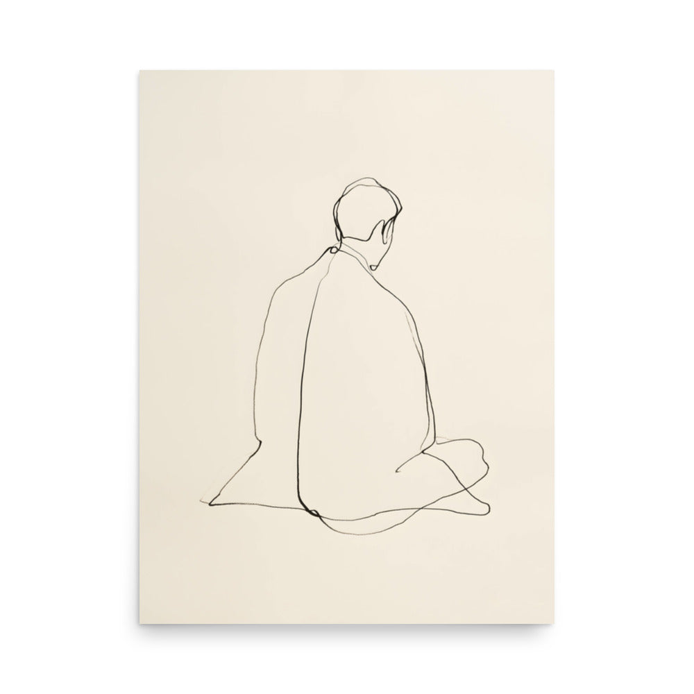 minimalist ink line drawing of a seated robed figure viewed from behind on warm paper