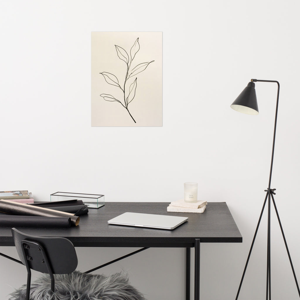 Mockup of minimalist ink line drawing of a leafy branch on warm cream paperProduct mockup