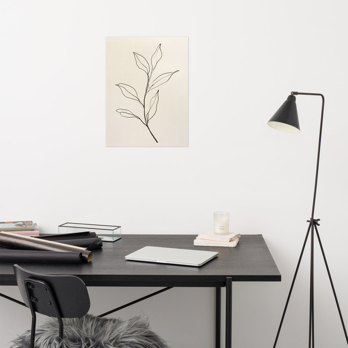 Mockup of minimalist ink line drawing of a leafy branch on warm cream paperProduct mockup