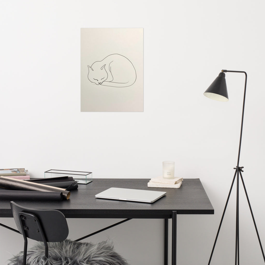 Mockup of minimalist line art drawing of a sleeping curled cat on warm paper