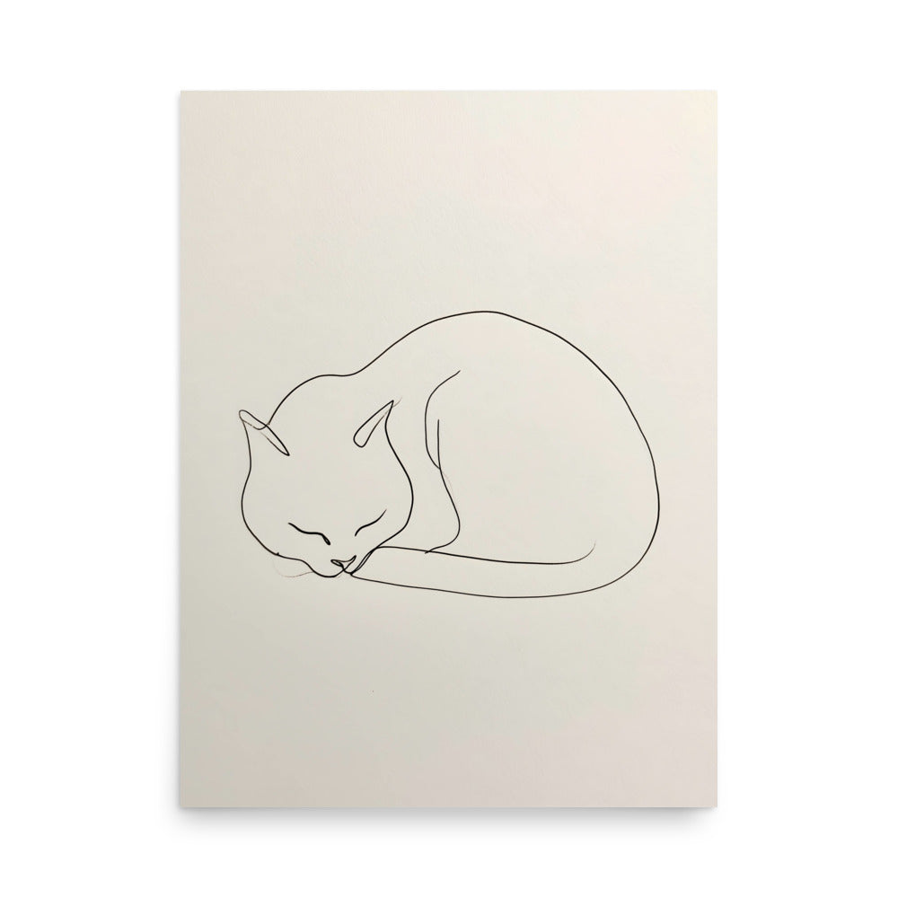 minimalist line art drawing of a sleeping curled cat on warm paper