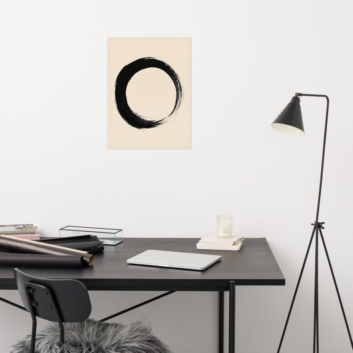Mockup of black ink enso circle brushstroke on warm cream background
