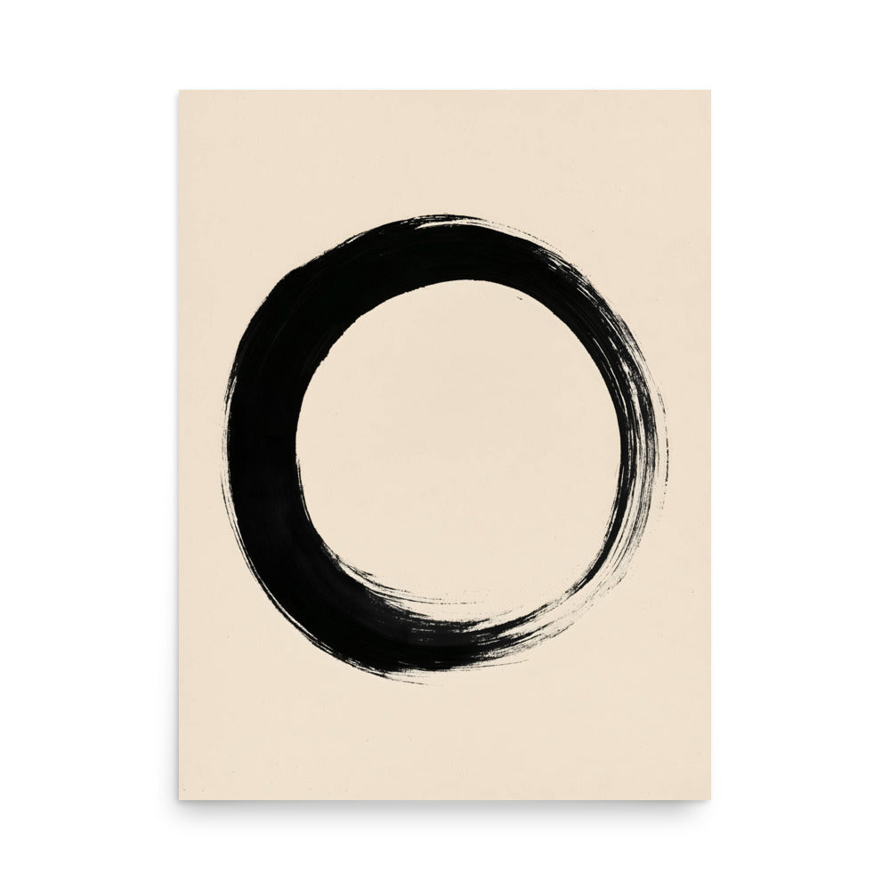 black ink enso circle brushstroke on warm cream background