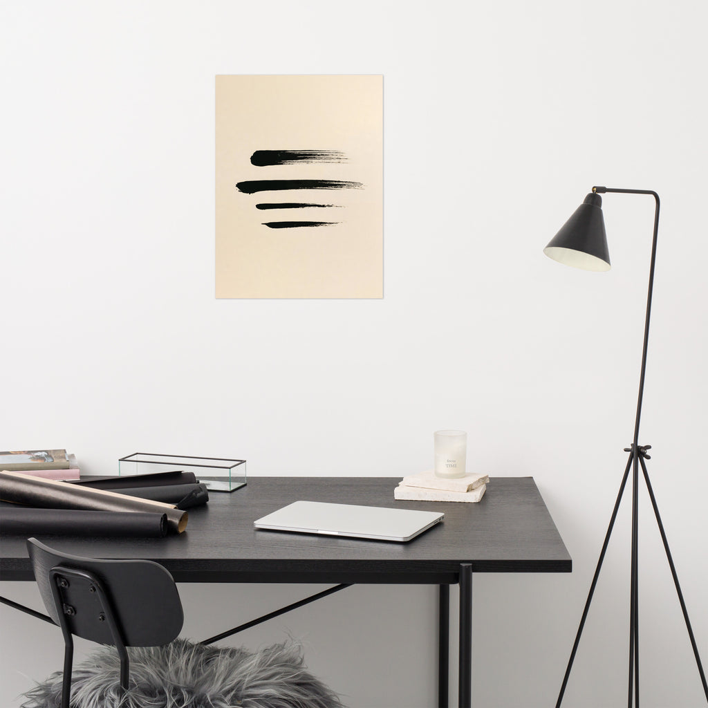 Mockup of four bold horizontal black ink brushstrokes with dry textured edges on cream paper