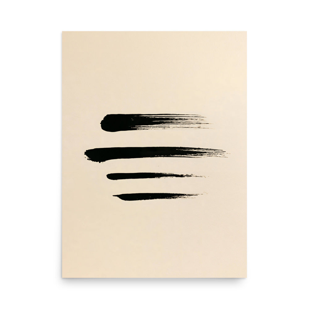 four bold horizontal black ink brushstrokes with dry textured edges on cream paper