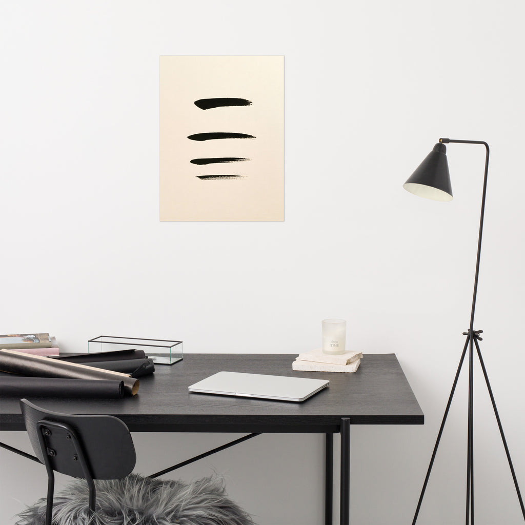 Mockup of four smooth horizontal black ink brushstrokes evenly spaced on warm cream paper