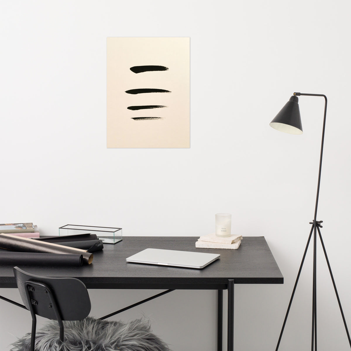 Mockup of four smooth horizontal black ink brushstrokes evenly spaced on warm cream paper