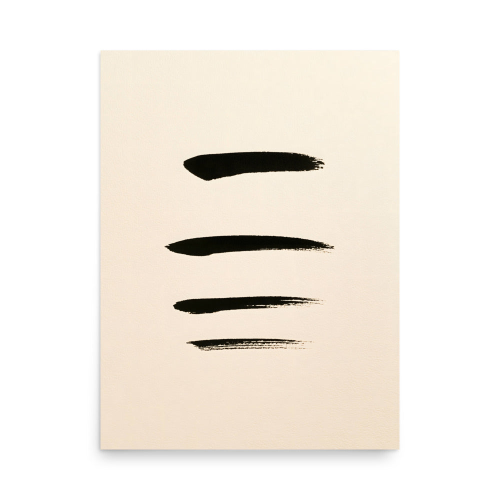 four smooth horizontal black ink brushstrokes evenly spaced on warm cream paper
