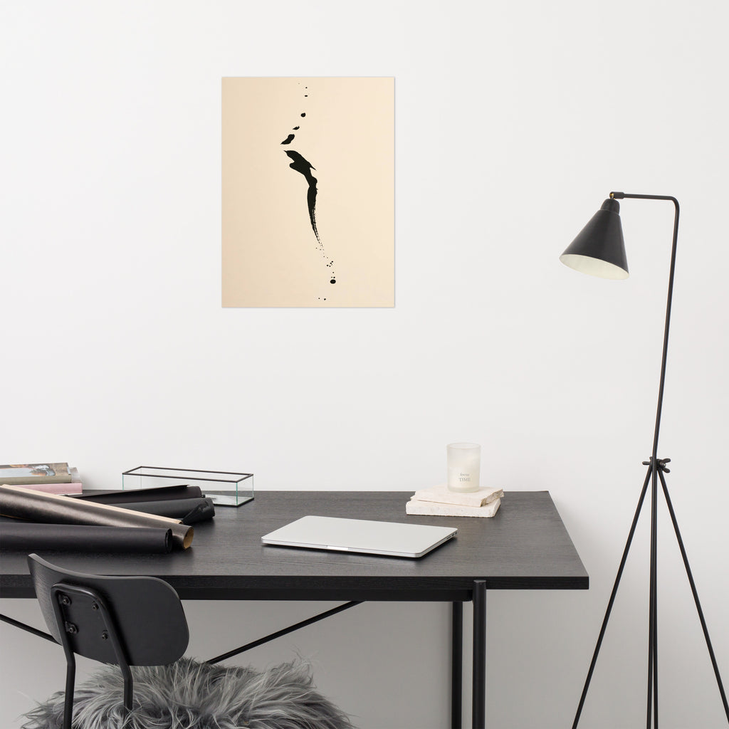 Mockup of gestural black ink marks and splashes falling vertically on warm cream paper