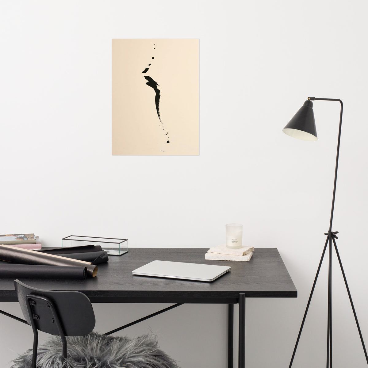 Mockup of gestural black ink marks and splashes falling vertically on warm cream paper