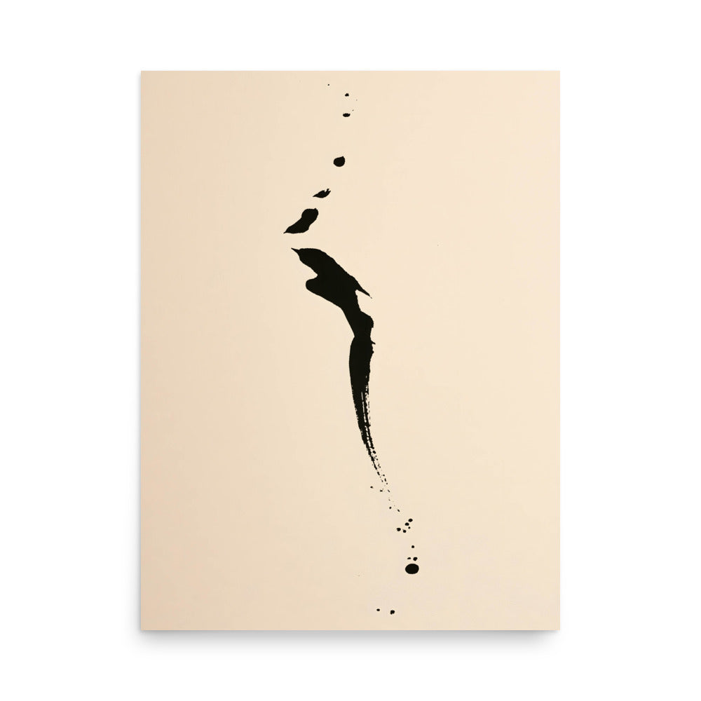 gestural black ink marks and splashes falling vertically on warm cream paper